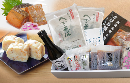 生へぎそば・へぎ酒（ざけ）・蒲鉾・さけの焼き漬けセット